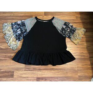 Umgee Boho Top Paisley Boho Top Bell Sleeve Mixed Print Black White Yellow Blous